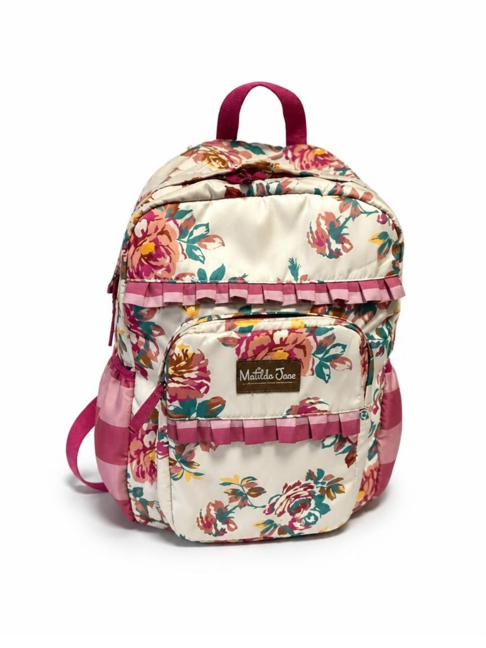 Matilda Jane Cream Floral Ruffle Kids Backpack with Pink Accents
